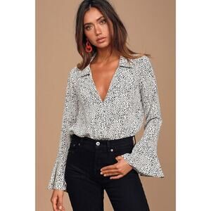 Lulus Always Lovely Ivory And Black Print Long Sleeve Bodysuit White